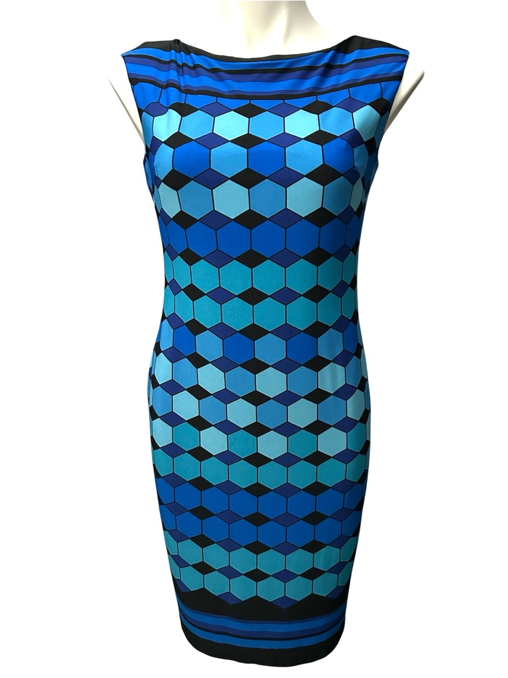 Eliza J Blue Hexagon Geometric Print Sleeveless Shift Dress - Size 4